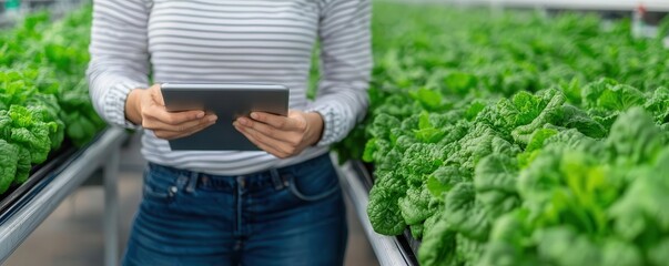 Young entrepreneur working on a digital tablet in front of a hydroponic farm, hydroponic business, agri-tech startup