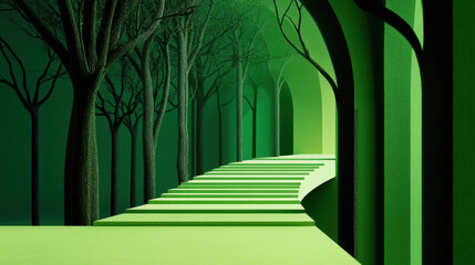 Obraz premium Surreal green landscape featuring abstract trees and a winding staircase leading through arched pathways in an enchanting setting