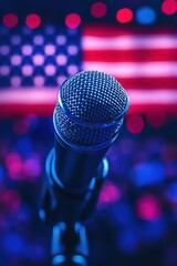 A microphone on stage, blurred background with large American flag on background and audience, dramatic lighting