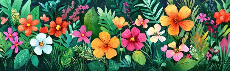 Watercolor illustration of vibrant flowers in a flowerbed surrounded by lush green grass and decorative elements