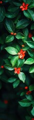 Vibrant green leaves adorned with bright red berries, creating a striking contrast in this lush botanical scene.