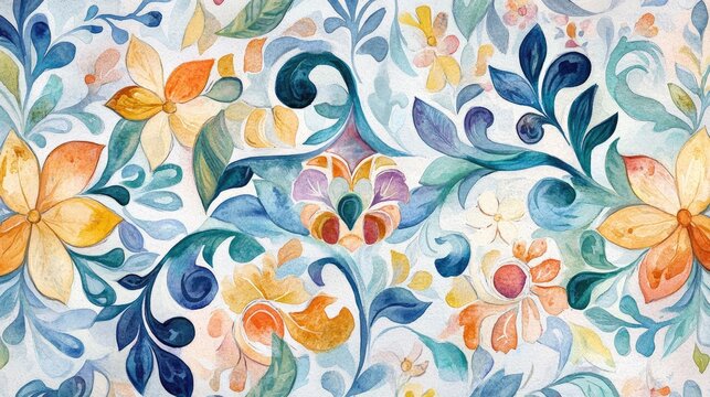 Watercolor illustration of decorative majolica tiles featuring floral and leaf embroidery Mediterranean style porcelain pottery ceramic dish designs folk prints and influences from Talavera and azu