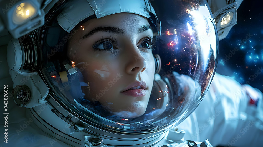 Poster close-up of an astronaut's face in a helmet looking out into the vastness of space.