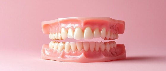 Obraz premium Artificial teeth in pink gums, minimalistic pink background
