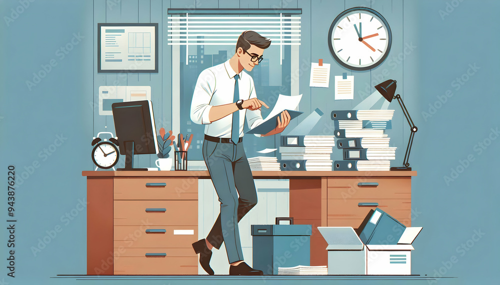 Aufkleber flat manager candidly organizing files in a cluttered office concept as a candid shot of a manager o