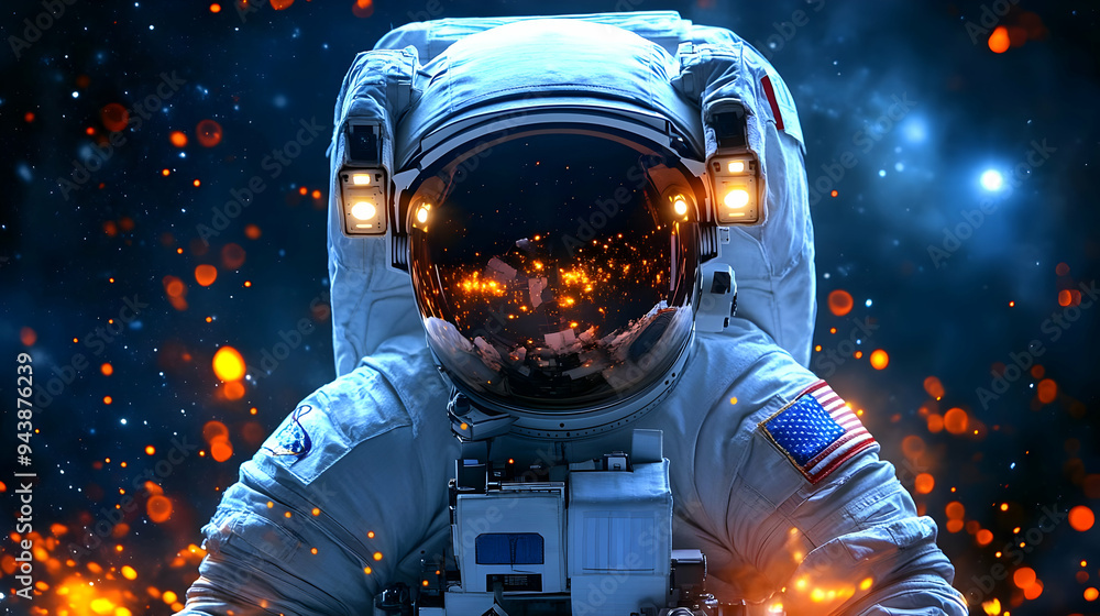 Poster close-up of an astronaut's face with reflection of space in his visor, surrounded by glowing particl