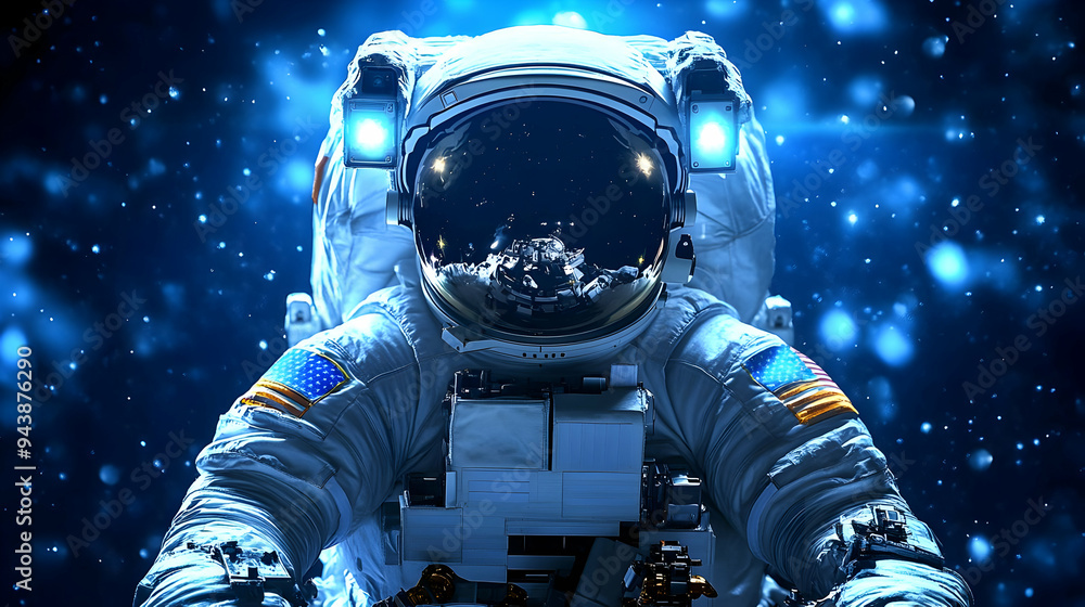 Poster close-up of an astronaut's helmet in space with a view of the earth reflected in the visor.