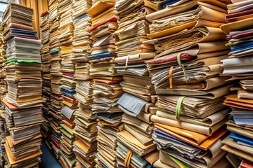 Obraz premium - Stacks of files, chaotic, messy, disorganized, overwhelming