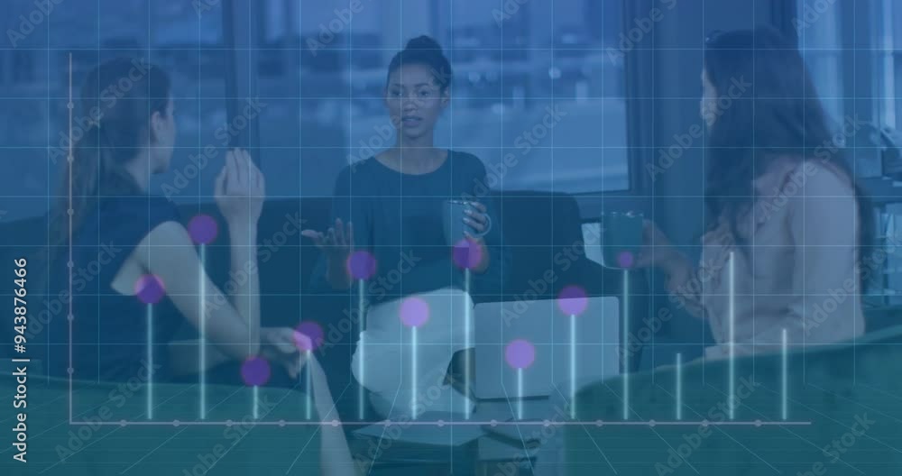 Poster business meeting with data points and graph animation over diverse colleagues