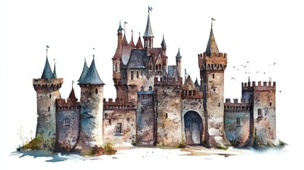 Fototapeta premium Watercolor illustration of a vintage castle featuring a mysterious fort design and medieval architectural elements isolated on a white background