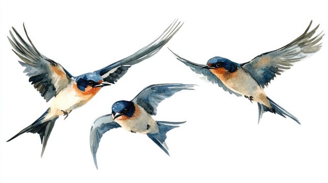 Watercolor illustration of swallows in flight