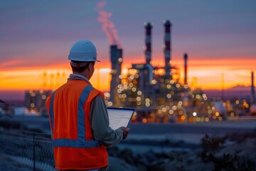 A man in an orange safety vest is looking at a clipboard