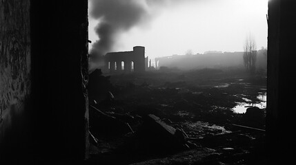 World war two Ruins of building burning in black and white photography