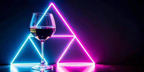 3D Neon glowing abstract triangles forming a wine glass concept as Abstract triangles with neon...