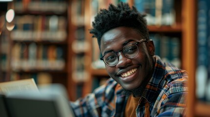 A young man with glasses and a plaid shirt is smiling at the camera