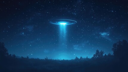 space exploration, banner design with a ufo spaceship soaring through a starry night sky on a dark blue backdrop, in celebration of ufo world day