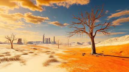 Barren desert landscape with a solitary tree, distant ruins, and dramatic clouds contrasting against an orange sandy foreground