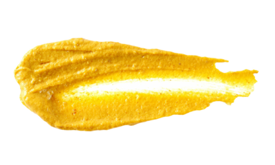 Yellow mustard sauce, spread isolated on white background, top view
