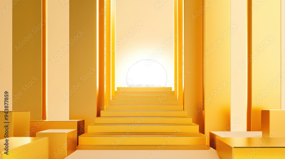 Poster abstract golden staircase leading to a bright light source, symbolizing aspiration and progress in a
