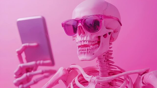 a skeleton wearing pink sunglasses and holding a smartphone, set against an entirely pink background