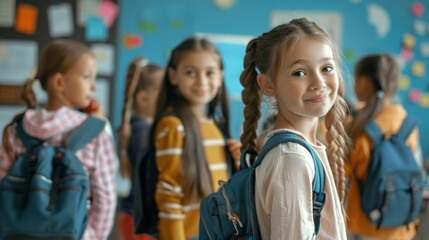 Fototapeta premium A group of young girls are smiling and posing for a picture in a classroom