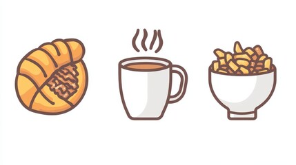 Stylish breakfast line web icons showcase a croissant, coffee cup, and a bowl of cereal, perfect for food-related themes and designs