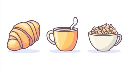 A collection of elegant breakfast icons featuring a croissant, a steaming coffee cup, and a bowl filled with cereal, emphasizing morning nourishment