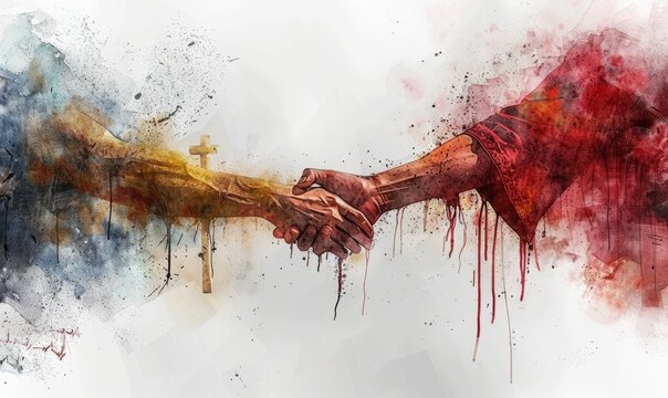 In a serene moment, Jesus extends His hand to a sinner seeking forgiveness, symbolizing compassion and grace. The soft watercolor style enhances the emotional depth of the divine connection