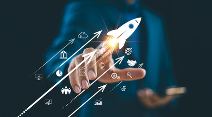Excellence growth strategy business trend concept. Businessman hand on arrow invest icon. Fast action increases sales marketing, success potential technology, soar rocket toward wealth opportunity