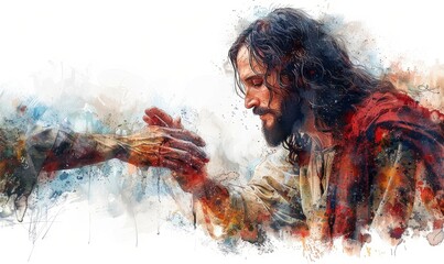 In this heartfelt illustration, Jesus extends His hand to lift another, embodying themes of forgiveness and compassion amidst a soft, watercolor backdrop of faith