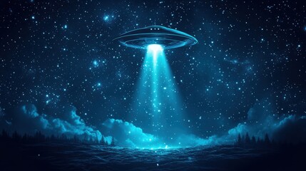 ufo world day celebration, celebrate ufo world day with a sleek banner featuring a simple ufo design soaring through a starlit sky against a deep blue backdrop