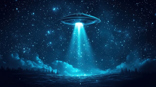 ufo world day celebration, celebrate ufo world day with a sleek banner featuring a simple ufo design soaring through a starlit sky against a deep blue backdrop