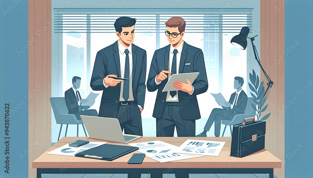 Aufkleber flat team manager reviewing reports with a colleague candid interaction concept as a candid shot of 