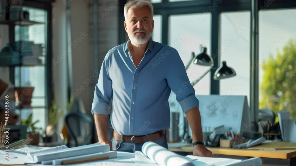 Poster engineer standing confidently in a bright office with architectural plans on the desk. leadership an