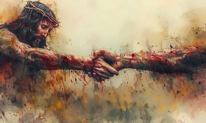 In a striking digital illustration, Jesus tenderly holds out His hand to a desperate individual, symbolizing divine forgiveness. The blurred cross in the background enhances the emotional depth