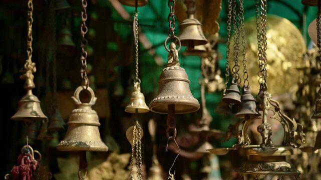 Prayer Bells For Sale in a Nepal Market, Gold Metal Prayer Bells in a Shop at a Temple at Bhaktapur Ancient City