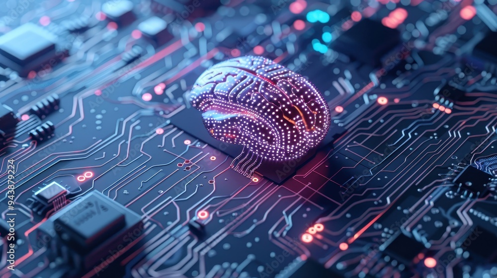 Poster futuristic ai concept with digital brain on circuit board, highlighting advanced technology and arti
