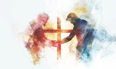 In a gentle watercolor composition, Jesus extends His hand to a seeker, embodying forgiveness and guidance against a softly blurred cross backdrop, symbolizing salvation and hope
