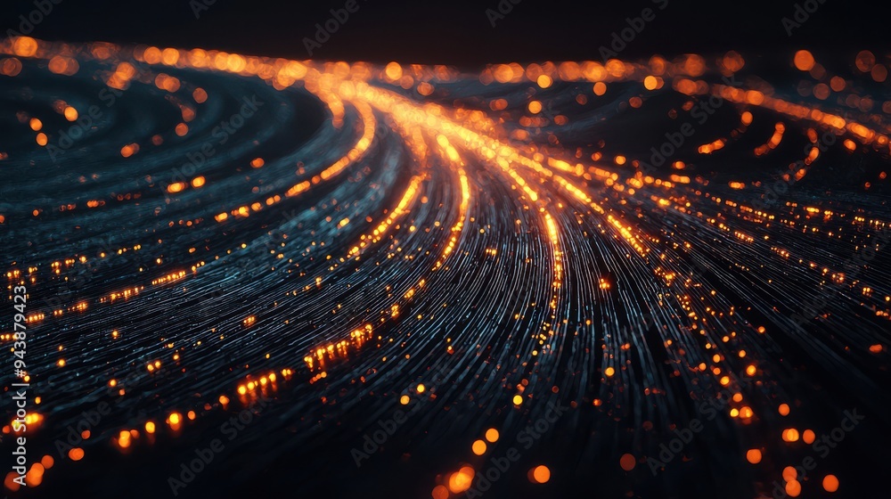 Poster Abstract image depicting flowing data streams illuminated by glowing orange dots, representing digital communication, data transfer, and technology.
