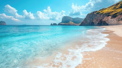 Fototapeta premium A picturesque coastline with crystal-clear waters, soft sand, and a bright sky, perfect for a day at the beach