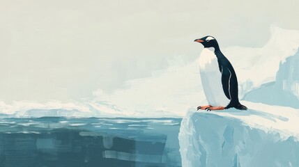 Obraz premium Gentoo penguin on an iceberg, set against the backdrop of calm Antarctic waters and a clear sky, highlighting the serene and majestic nature of the polar regions.