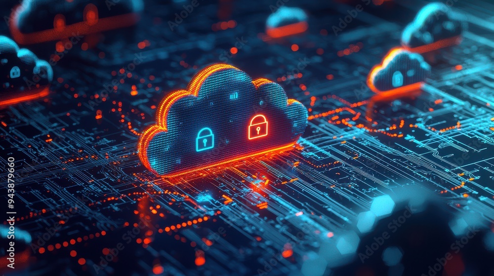 Poster illustration of cloud security featuring glowing clouds with padlocks on a digital circuit board, re
