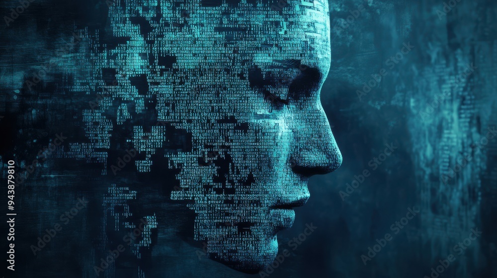 Aufkleber Abstract representation of a human face created from binary code, symbolizing artificial intelligence, machine learning, and digital transformation.

