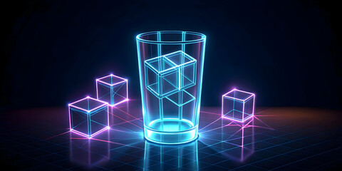 Flat Abstract glowing cubes forming a juice glass outline concept as Glowing cubes arrange themselves into the outline of a juice glass set against a deep dark background. The camera rotates around th