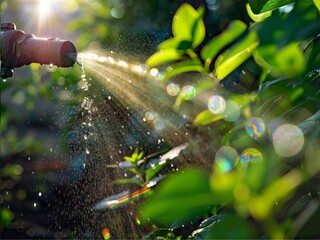 A photograph of a cracked water pipe, water gushing out forcefully from the crack, creating a misty spray. The pipe is situated in a garden with lush, green foliage in the background.