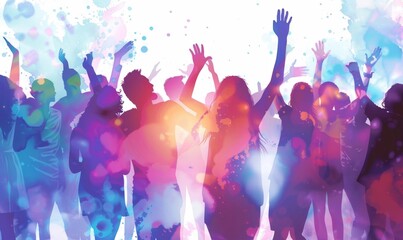 A lively group of people dance and celebrate joyfully in a nightclub, illuminated by colorful neon projectors, creating a festive atmosphere filled with energy and excitement