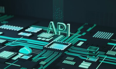 Ai computer data center. API application programming interface with chipset concept. 3D render