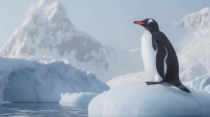 Obraz premium Gentoo penguin perched on an iceberg, floating in the cold Antarctic waters, with a backdrop of a pristine, icy landscape and a clear sky above.