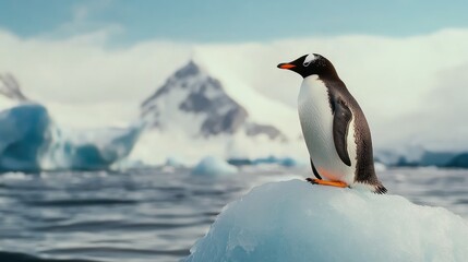 Obraz premium Gentoo penguin perched on an iceberg, floating in the cold Antarctic waters, with a backdrop of a pristine, icy landscape and a clear sky above.