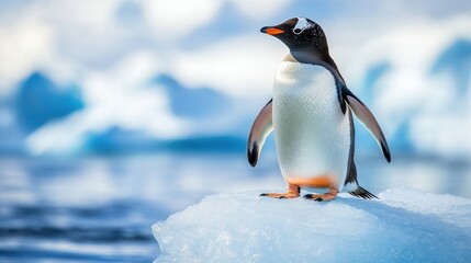 Fototapeta premium Gentoo penguin standing proudly on an iceberg, surrounded by the icy waters of Antarctica, under a clear sky, capturing the serene and majestic beauty of nature.